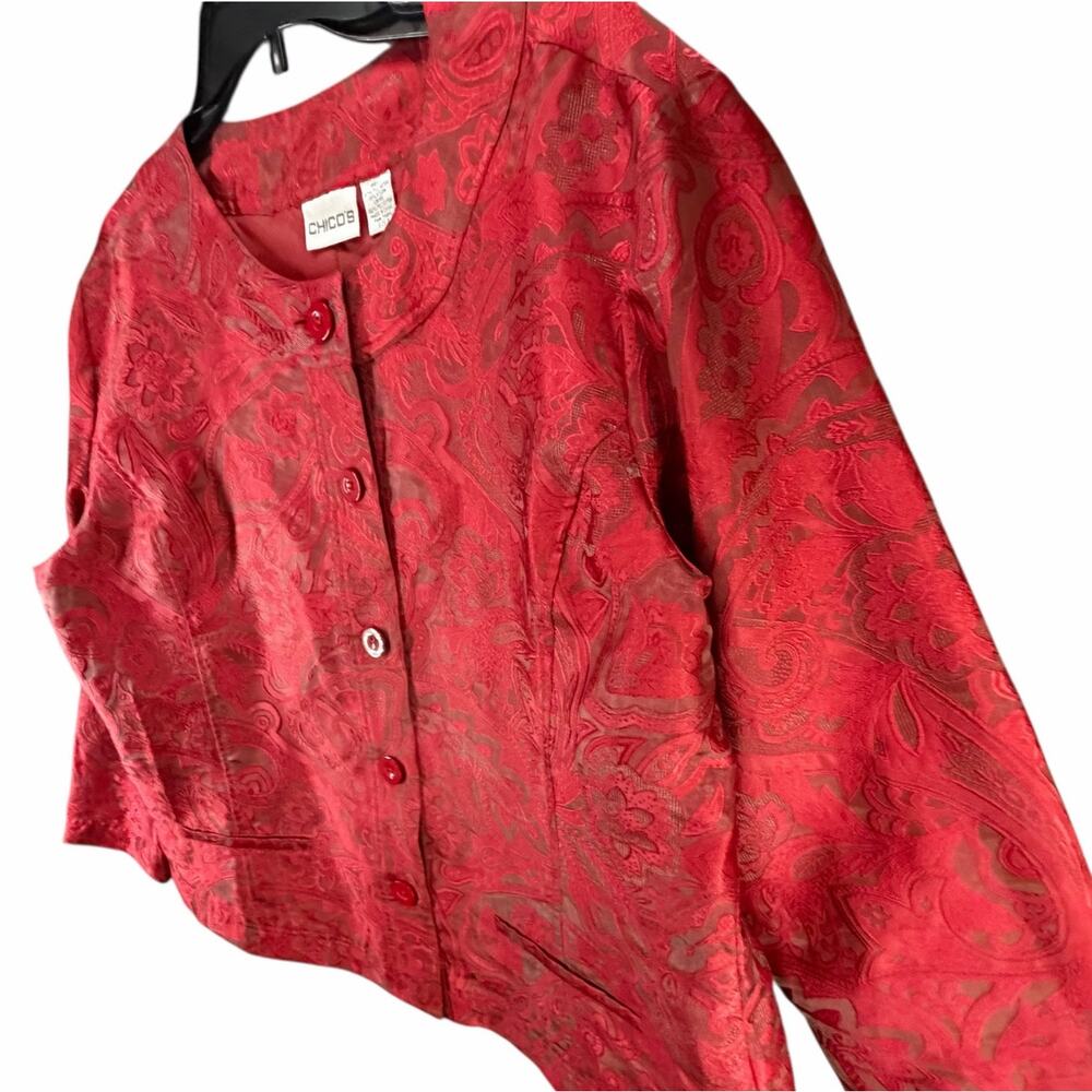 Chicos Textured Jacket Womens XL 3 Red Floral Paisley Button Up Romantic Holiday - Picture 2 of 14